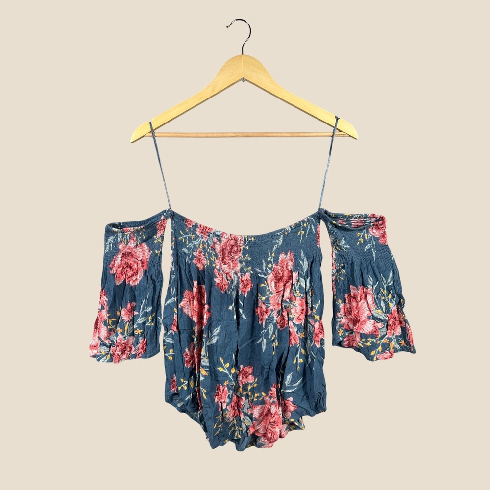 Billabong Womens Large Blue Floral Smocked Off The Shoulder Cold Shoulder Top